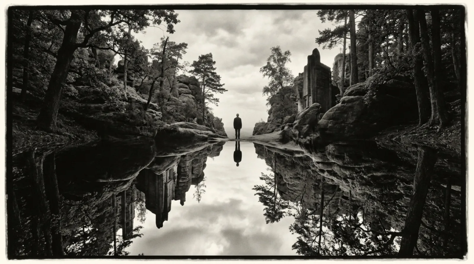 A mirrored landscape of rock formations and trees reflected perfectly in still water. A lone figure stands at the vanishing point where the two worlds meet.
