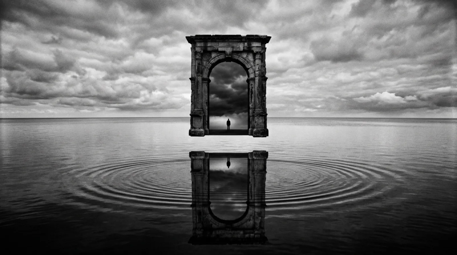A stone arch floats above a calm sea under dramatic clouds. A solitary figure stands inside the archway. Concentric ripples emanate from the reflection below.